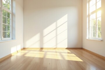 Fototapeta premium Sunlit Empty Room with Hardwood Floor and Two Large Windows Offering Abundant Natural Light