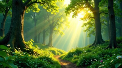 Obraz premium Sunbeams Illuminate a Mystical Forest Path, Where Lush Greenery and Delicate Flowers Flourish Under a Canopy of Ancient Trees
