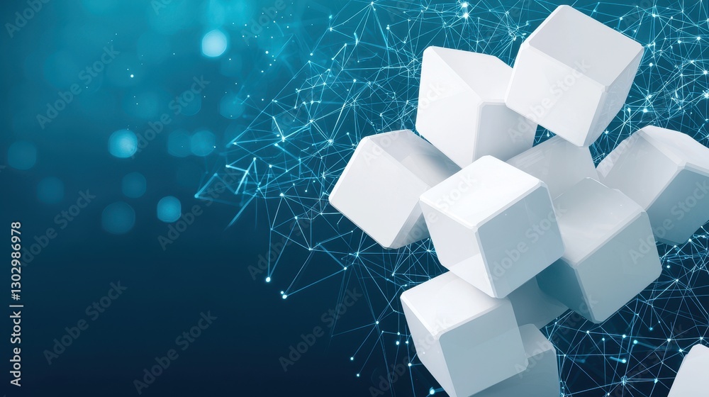 Poster a digital art representation featuring white geometric shapes against a blue background with abstrac