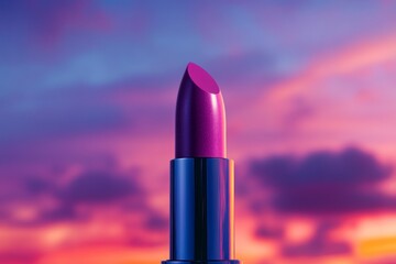 Lipstick in a vibrant purple hue, set against a sunset-inspired background