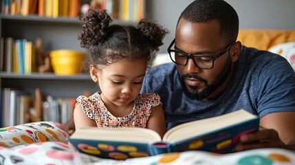 World Book Day Reading Childrens books Father and daughter reading together at home.