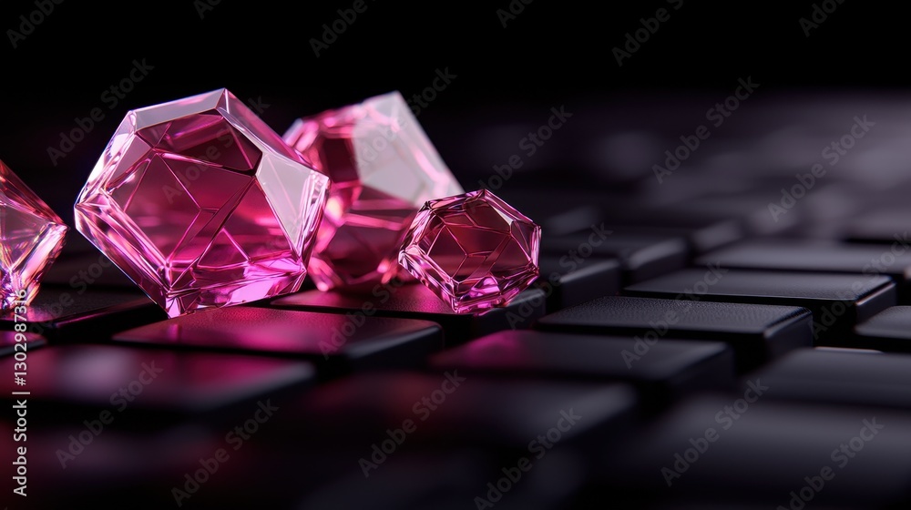 Poster a close-up of sparkling pink crystals resting on a dark, textured surface, creating a striking contr