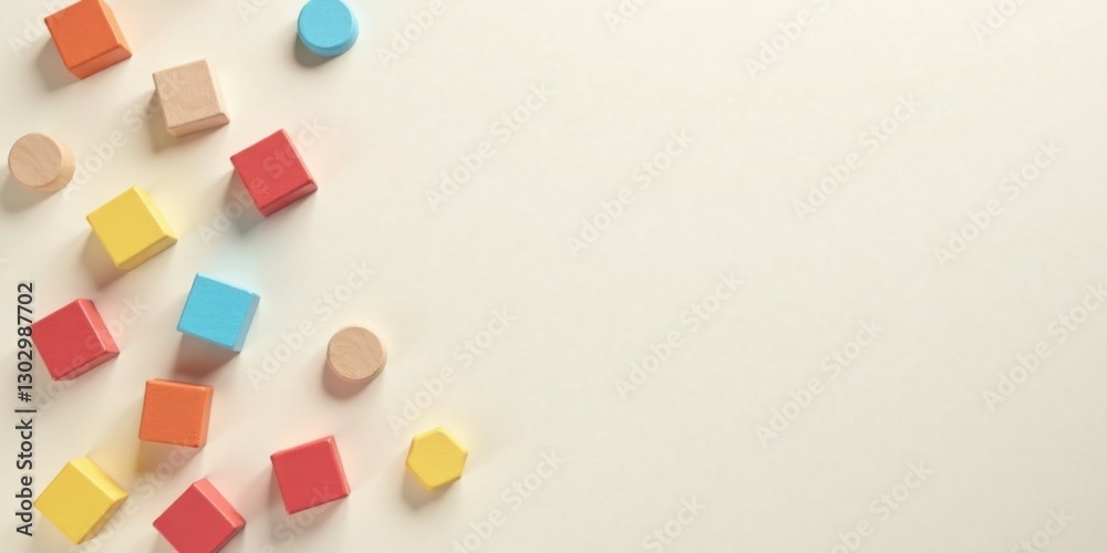 Poster brightly colored wooden blocks scattered on a pale surface, leaving ample copy space for your text o