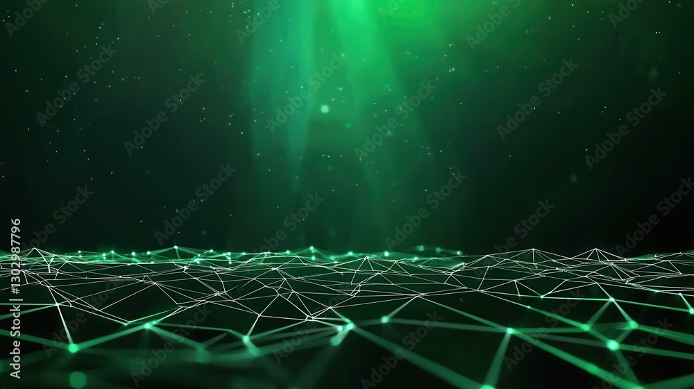 Poster a digital landscape featuring a green, glowing grid pattern, symbolizing technology and connectivity