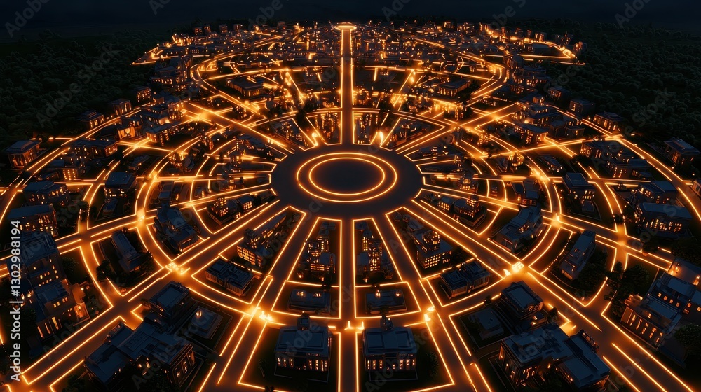 Poster aerial view of a circular urban layout illuminated by orange lights, showcasing a modern city design