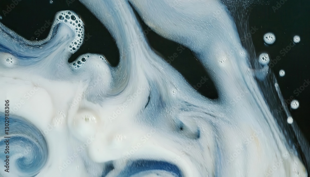 Poster abstract fluid swirl of white and blue liquid with foamy bubbles on dark background, perfect for art