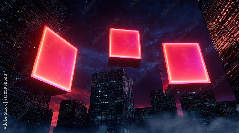 Poster A futuristic cityscape with glowing pink squares hovering above dark, towering structures under a starry sky.
