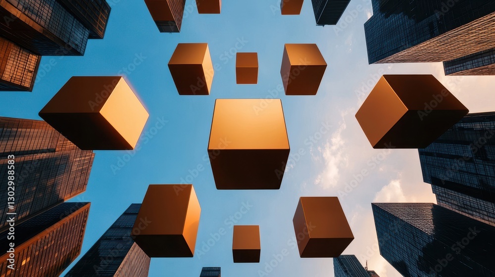 Poster a surreal view of golden cubes floating amidst tall skyscrapers under a bright blue sky, creating a 