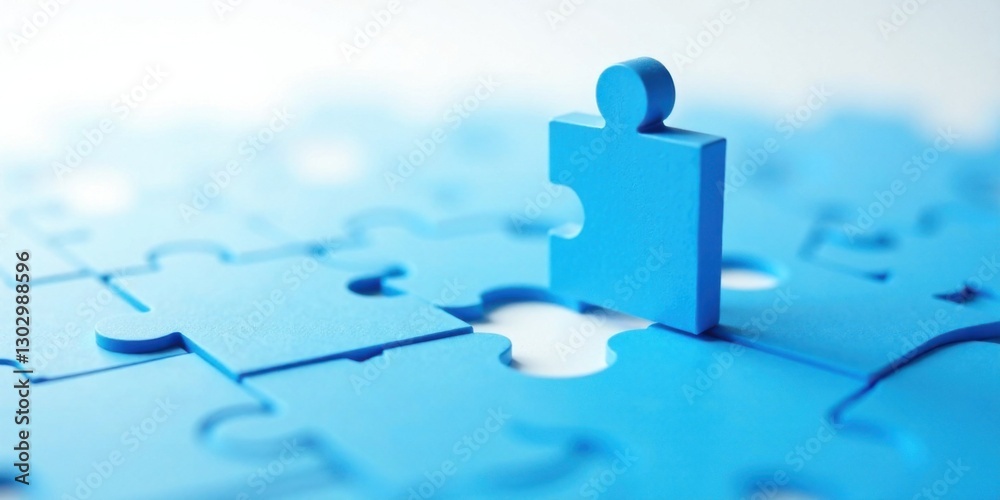 Poster Finding the Missing Piece A Blue Jigsaw Puzzle Represents Completion and the Concept of Problem Solving