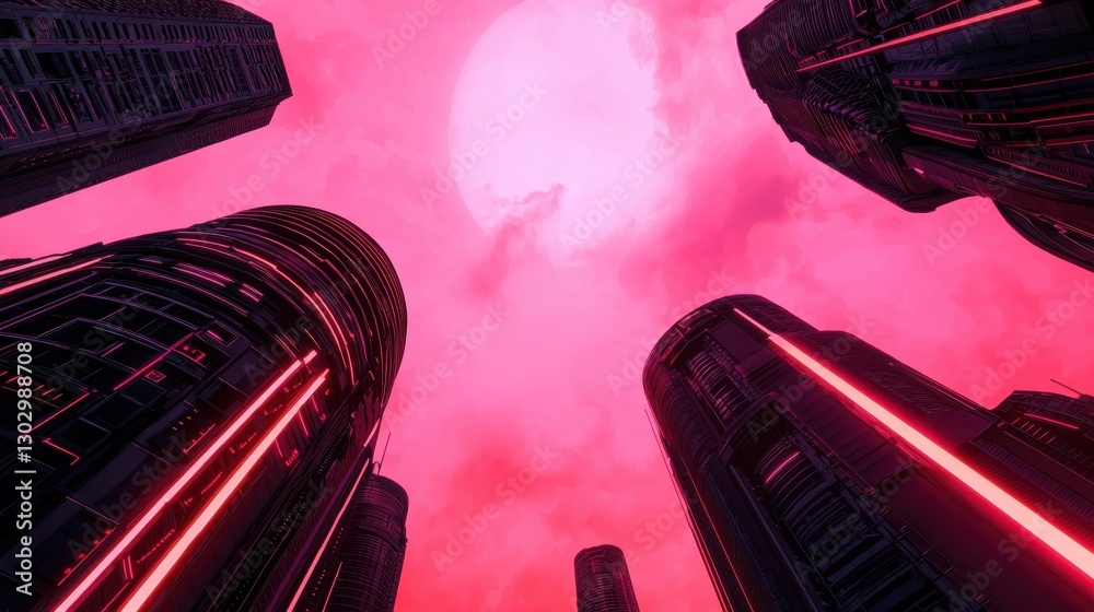 Aufkleber a futuristic cityscape with towering skyscrapers under a pink sky, illuminated by neon lights, creat