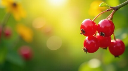 Fototapeta premium Luminous Red Berries Glowing in the Sunlight on a Branch Amongst Soft-Focus Yellow Blossoms