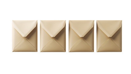 Elegant square envelopes in warm neutral colors, closed with triangular flaps, isolated on white background with subtle paper shadows