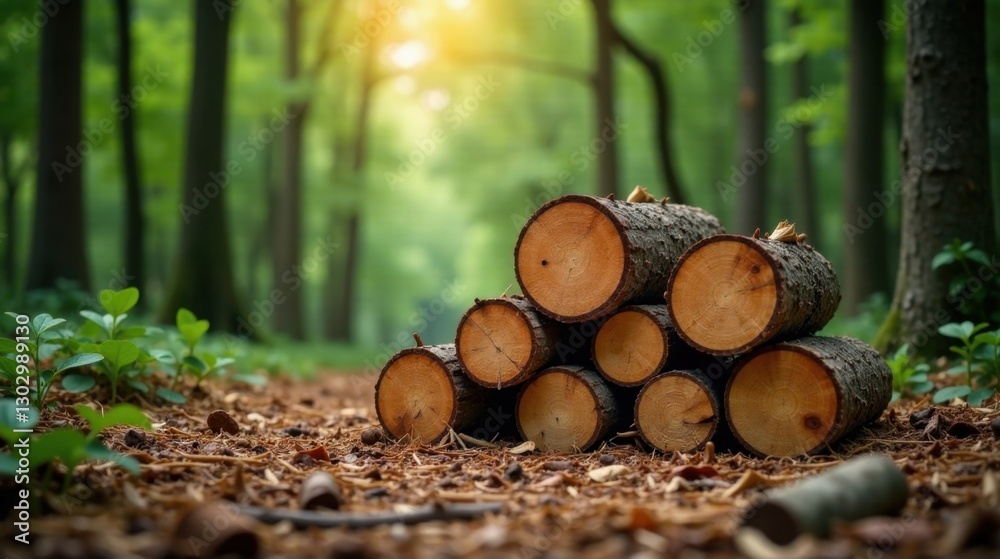 Poster a stack of neatly arranged logs rests on the forest floor, bathed in the warm glow of sunlight filte