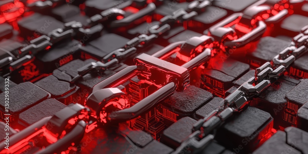 Poster a close-up of interlocking chains with red glowing links, highlighting a blend of technology and sec