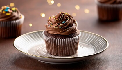 Chocolate Cupcake with Rich Frosting and Sprinkles on Porcelain Plate