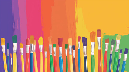 Vibrant art studio scene featuring colorful paintbrushes against a dynamic rainbow background, creating an inspiring and creative atmosphere. Perfect for posters, painting class banners, and artistic 