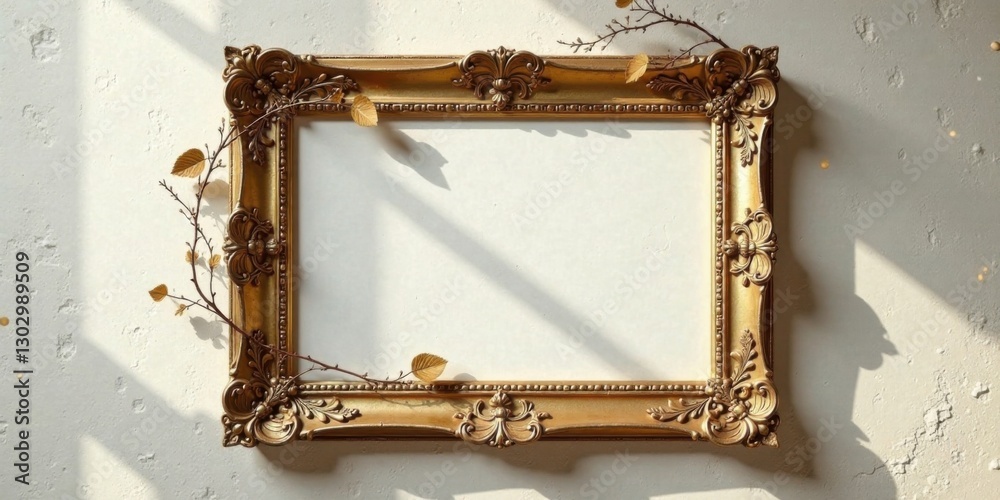 Poster ornate golden frame with autumnal branches and shimmering particles against a textured wall