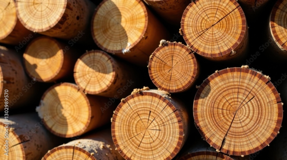 Poster Stack of sunlit timber logs showcasing intricate wood grain patterns and natural texture