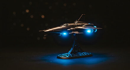 Toy spaceship launching from a small metallic stand, glowing blue lights creating a sci-fi feel