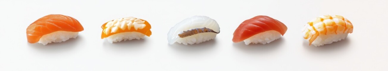 pieces of sushi with different types of fish on a white background