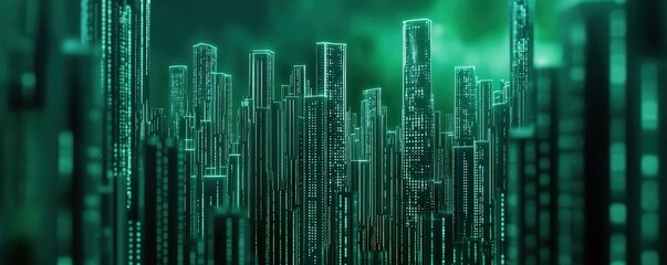 Obraz premium A futuristic cityscape with glowing green skyscrapers, evoking a digital, cyberpunk aesthetic amidst a misty atmosphere.