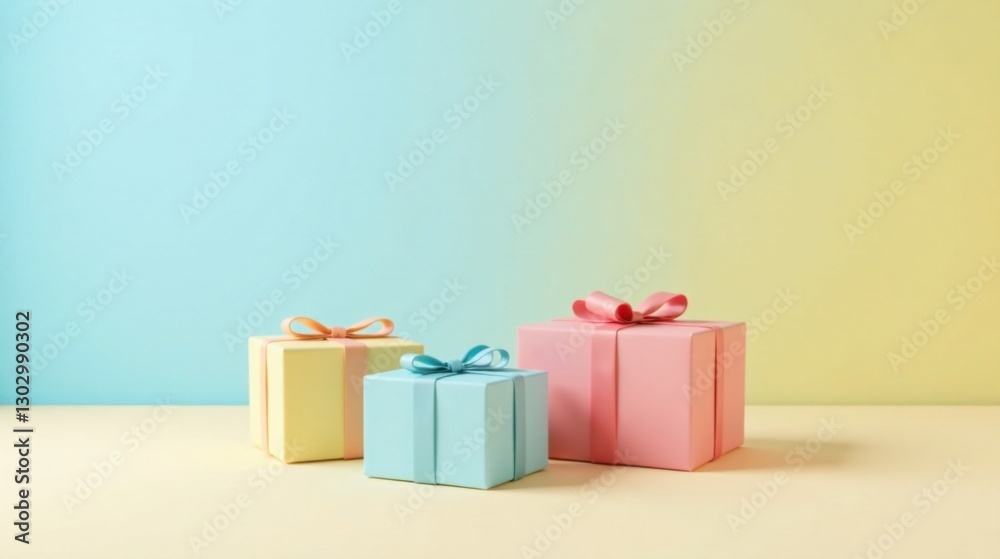 Poster pastel presents on a gradient background a delightful arrangement of gift boxes with delicate ribbon