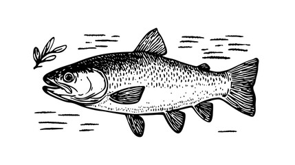 Obraz premium Engraved illustration of a fish swimming gracefully in water with an olive branch nearby