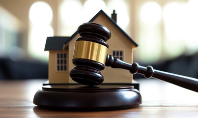 gavel and house model on top, representing real estate and legal matters. Web banner with copy space on the right