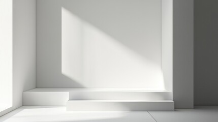 Fototapeta premium A simple white podium with a step, set against a completely white background, creating a minimalist stage for product presentations or displays with a clean, modern aesthetic.