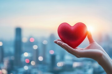 Fototapeta premium A hand holding a red heart symbol against a city skyline, conveying the concept of love