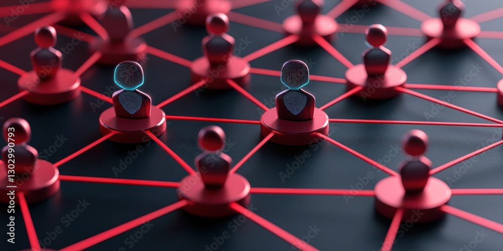 Poster A close-up of interconnected figures representing a network, highlighted by red lines, illustrating social or digital connections.