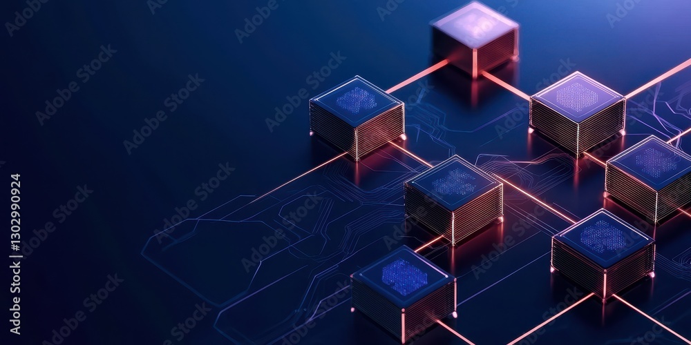 Poster A digital representation of interconnected cubes, symbolizing technology, data, and networking in a futuristic design.