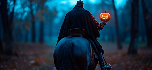 Dark Rider with Jack-o'-lantern in Woods