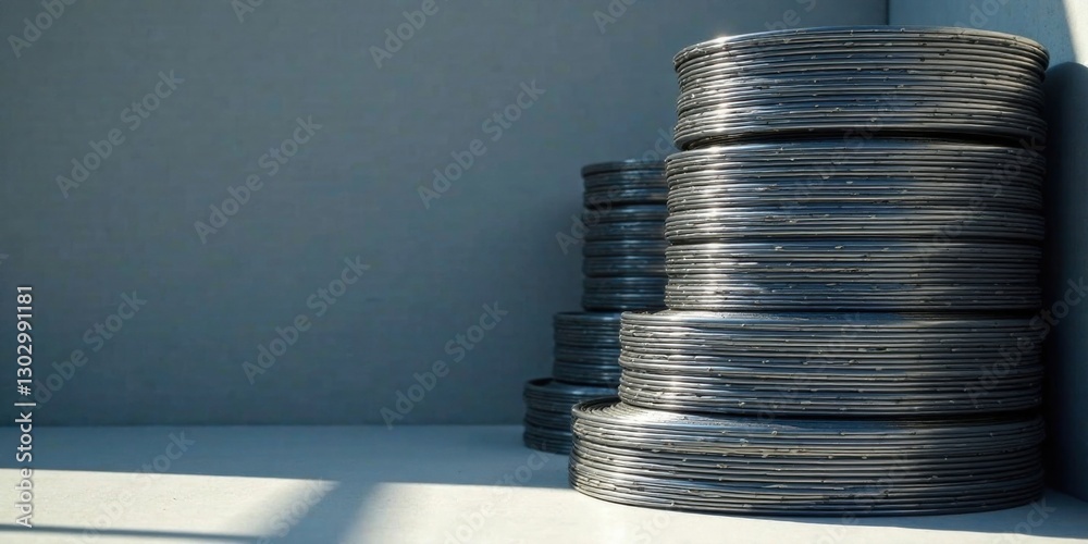 Leinwandbilder a stack of metallic discs in sunlight against a neutral background, creating a striking visual repre