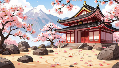 Cartoon Japanese pagodas with sakura trees, bright colors, spring temple scene