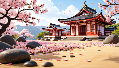 Cartoon Japanese pagodas with sakura trees, bright colors, spring temple scene