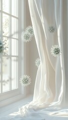 Realistic image of viruses gently suspended near a window with soft fabric in a light setting