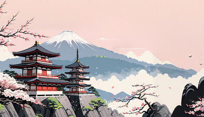 Cartoon Japanese pagodas with sakura trees, pastel colors, spring landscape scene