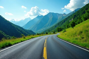 Fototapeta premium Asphalt ribbon curving through a vibrant mountainous landscape under a bright, sunny sky, offering a scenic drive amidst lush greenery and majestic peaks.