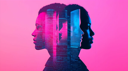 Double Exposure Portrait with Urban Skyline and Colorful Background