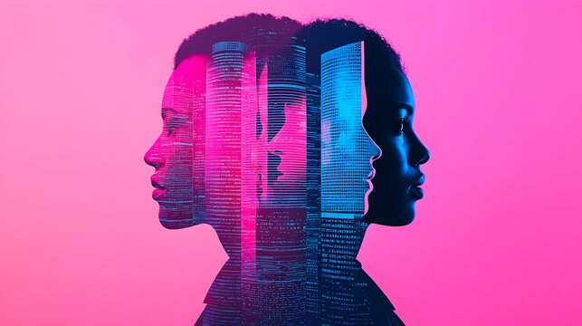 Double Exposure Portrait with Urban Skyline and Colorful Background