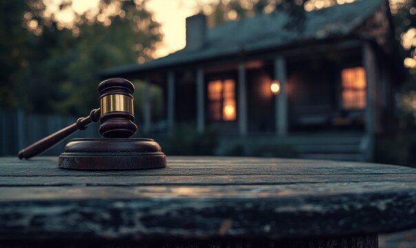 gavel on top of an aged wooden table with a blurred background of a house, indicating a real estate-themed flea market style. Web banner for the home, with a grainy film noir aesthetic