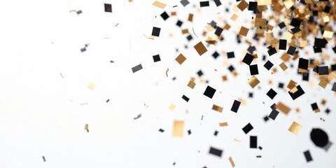 Elegant gold and black confetti falling on white background, celebrating a joyous occasion.