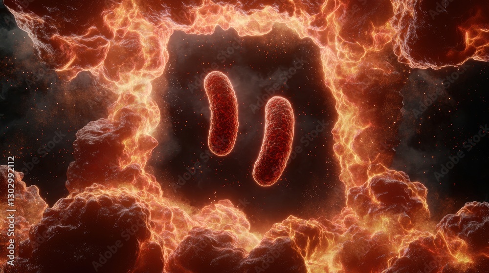Poster a vivid representation of two bacteria within a dramatic, fiery cosmic backdrop, illustrating the in