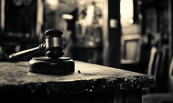 gavel on top of an aged wooden table with a blurred background of a house, indicating a real estate-themed flea market style. Web banner for the home, with a grainy film noir aesthetic