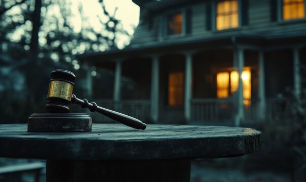 gavel on top of an aged wooden table with a blurred background of a house, indicating a real estate-themed flea market style. Web banner for the home, with a grainy film noir aesthetic