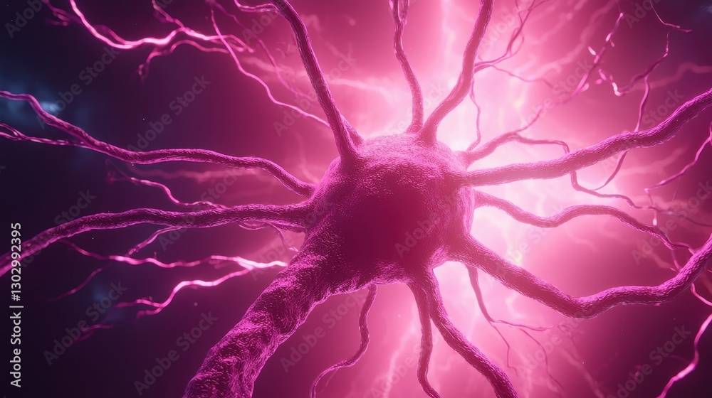Poster a vibrant, close-up view of a neuron with intricate branching structures glowing in shades of pink a