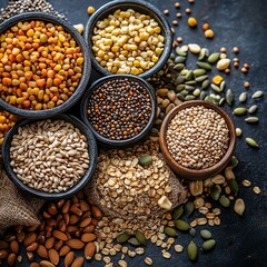 Obraz premium Group of seeds and cereals, top view, organic vegan protein diet, assortment of healthy raw ingredients, pile of nutrition cooking elements for vegetarian food preparation