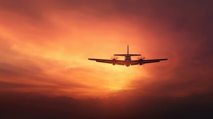 Obraz premium A peaceful view of an airplane flying near the horizon, with a fiery sunrise creating dramatic silhouettes