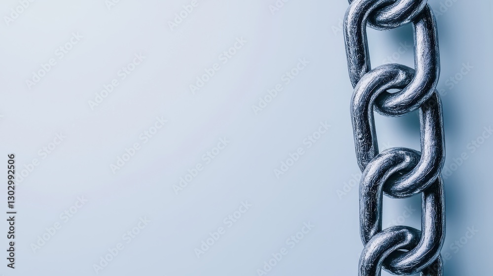 Poster a close-up of a metallic chain against a light background, highlighting its links and texture.